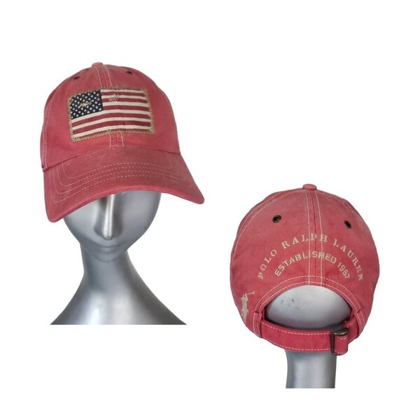 Polo Ralph Lauren Accessories - RARE Vintage 90's Polo Ralph Lauren Red USA American Flag Patch Adjustable Cap